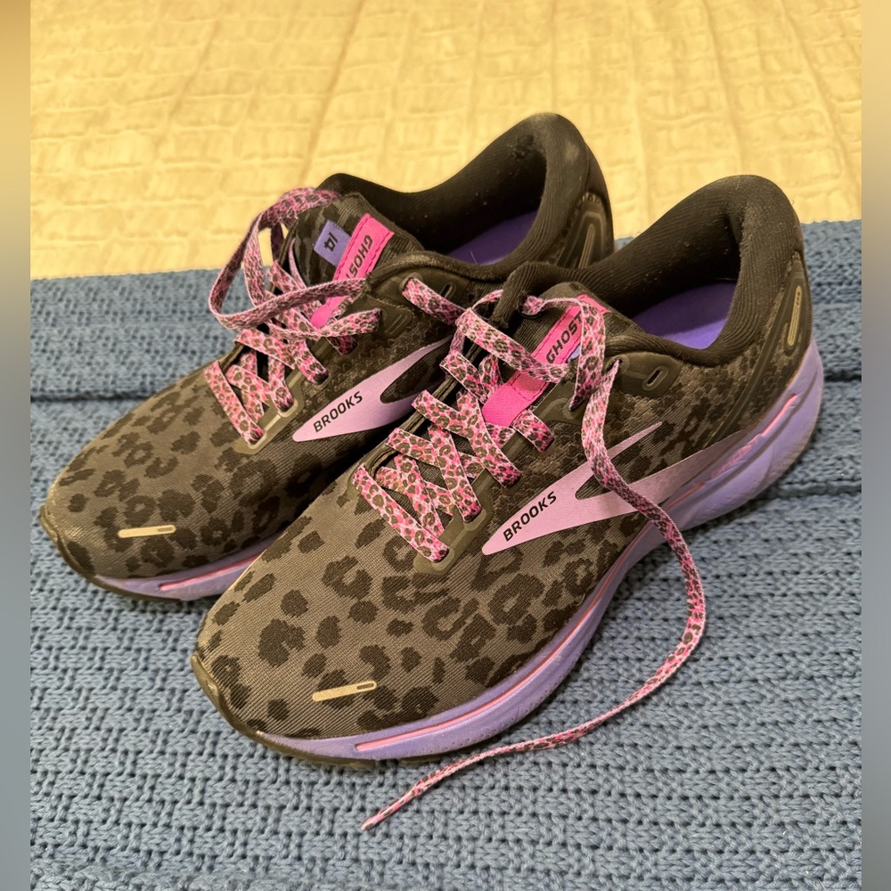 Brooks Ghost 14 purple leopard running shoes